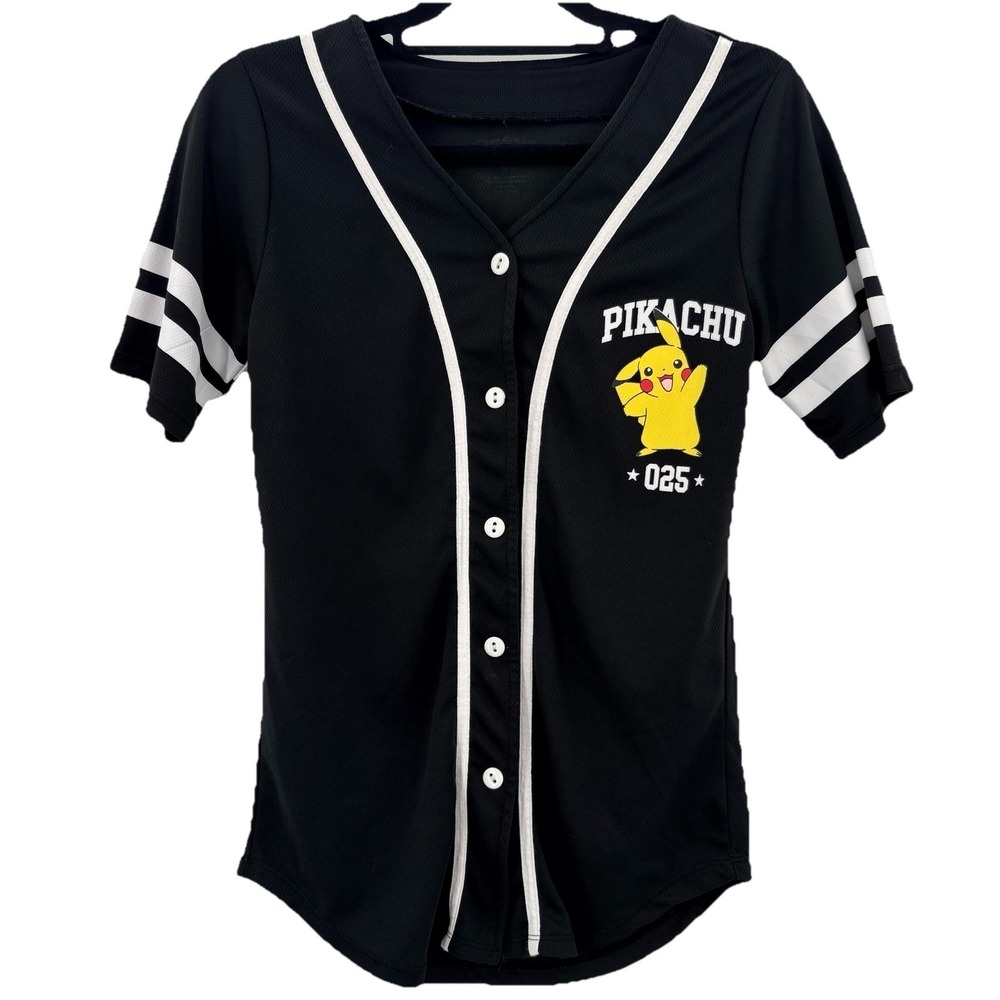 Pikachu Pokemon Women Small #025 Jersey Black Baseball Shirt Double Sided‎ Y2K - Picture 2 of 9